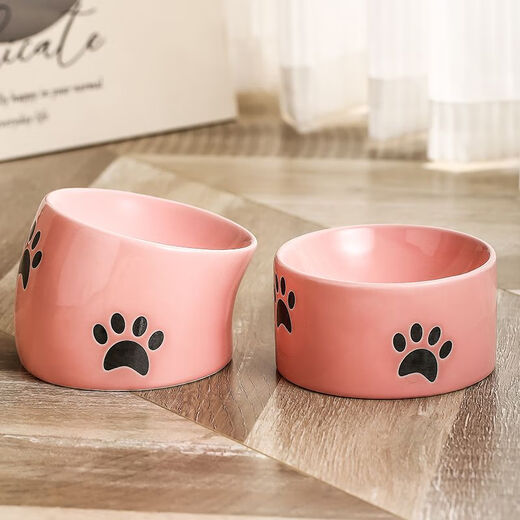 Shantou Lincun Neck protector to prevent black chin cat bowl Ceramic slanted mouth tall cat food bowl Cat drinking bowl cat food Neck protector to prevent black chin set Water bowl + food black Zhenselected ceramic cat bowl