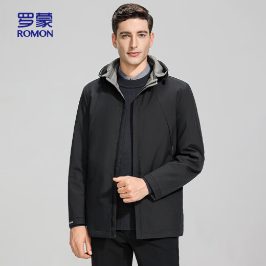 罗蒙（ROMON）夹克男连帽中青年秋季商务休闲时尚百搭两面穿外套男9930黑色195