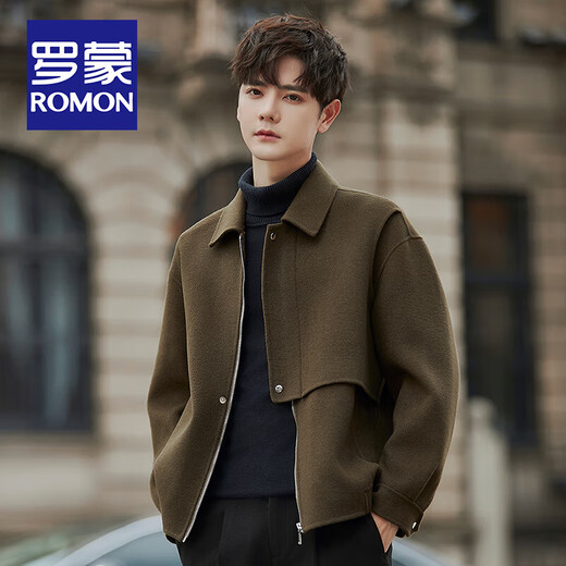 ROMON 2025 new autumn and winter double-sided sheep-fleece jacket men's wool woolen jacket short casual coat high-end 58003-345 military green (65.2% sheep wool) XL size