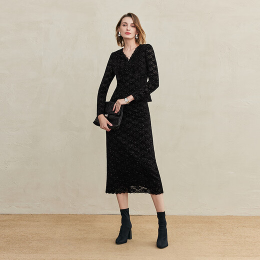 FINITY Fashion Suit 2025 Winter New Simple Elegant Deep V-Neck Temperament Two-piece Set for Women Black M