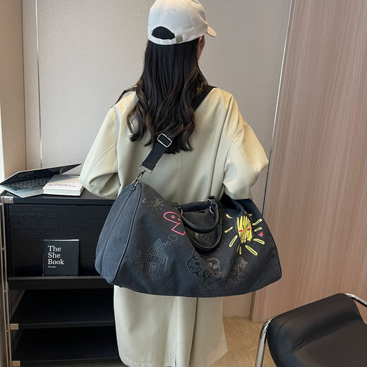 金日满容量短途旅行袋 2024新款潮男女耐磨健身手提包印花单肩斜跨包 太阳花旅行包【黑色】