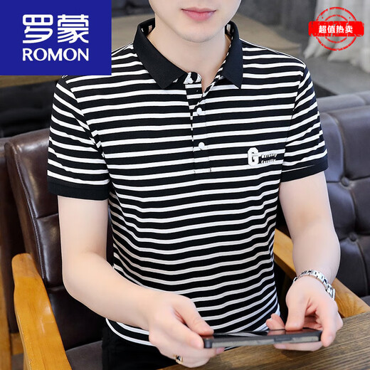 罗蒙（ROMON）polo.衫男士翻领短袖t恤条纹夏季2025新款男装半袖体恤T 黑色ZMNTB653圆*领 3XL 建议150-165斤