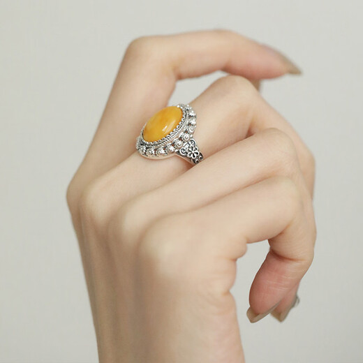 BOIGO925 silver amber beeswax ring women's retro luxury new Chinese style high-end open ring