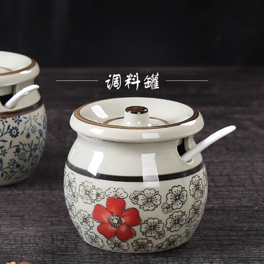 Leishton lard jar kitchen ceramic seasoning box seasoning jar bottle household salt jar chili oil seasoning box high temperature resistance 1 Lan Fugui capacity approx. 300ml free small spoon