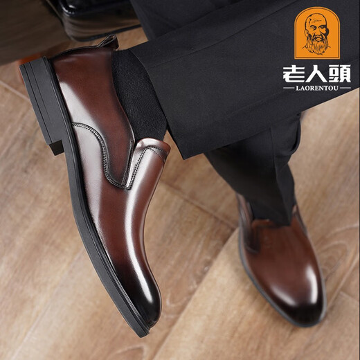 老人头男士皮鞋牛皮商务男鞋正装德比鞋套脚增高鞋2024新款真皮皮鞋男 SN21102-3棕色平跟[套脚款] 39