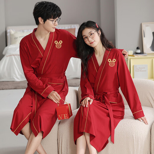 浪莎（LangSha）红色结婚情侣睡袍一男一女纯棉喜庆新婚睡衣浴袍家居服高档礼盒装 9926【礼盒装】 女L+男L