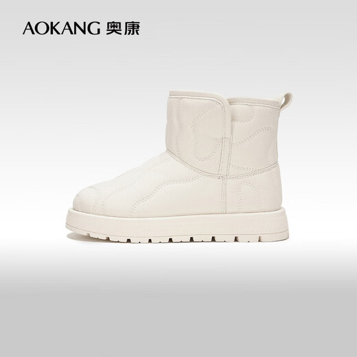 奥康（Aokang）官方女鞋雪地靴女士短筒加绒保暖冬款女鞋商场同款 米白色 加绒单层 37