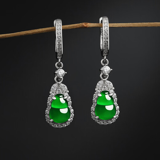 Purple glass Yang Mi's same style S925 silver inlaid with imperial green A-grade jade gourd ice earrings earrings Chinese Valentine's Day gift Imperial green jade gourd earrings