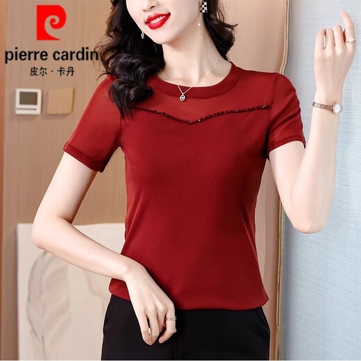 Pierre Cardin Mesh Bottoming Shirt Women's Short-Sleeved T-Shirt Women's 2025 New Summer Black Mommy Dress Slim-fitting Lace Top Black (Short Sleeve Style) 1390# M