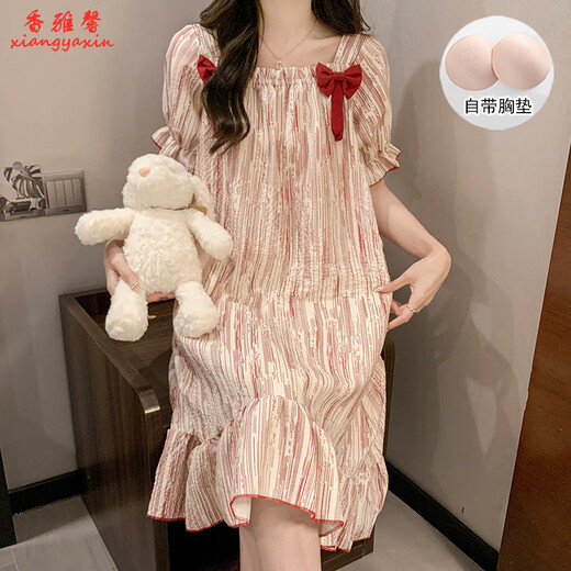 
Xiangyaxin summer chest pad short-sleeved nightgown for women woven cotton 2024 new summer sweet princess style home clothes pajama thin 9901-1 striped bear L