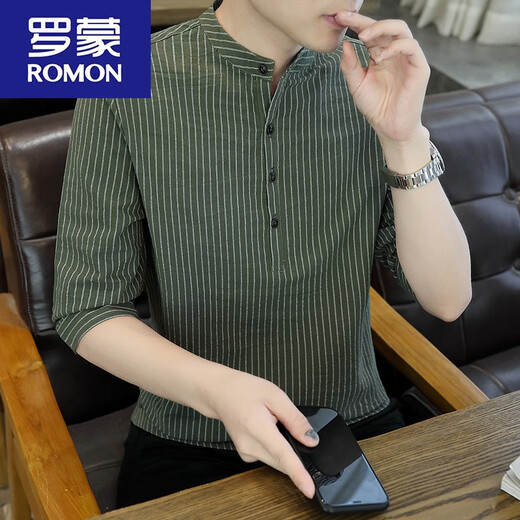 罗蒙（ROMON）2024棉麻七分袖t恤男夏季棉条纹短袖立领五分袖纯色百搭潮 8899深灰色 L 105-120斤