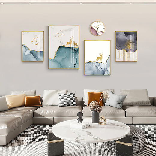 Mohu living room decoration painting sofa background wall new style mural modern simple TV background atmospheric abstract four-pair hanging painting Abstract art 15930 (including wall clock) Art crystal porcelain group-thin style gold frame