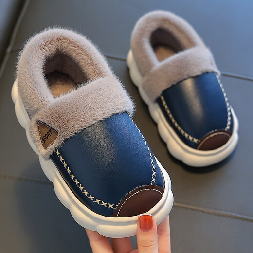 Yiai children's cotton slippers winter boys and girls pu leather waterproof soft bottom non-slip parent-child indoor warm plush cotton slippers blue leather surface 36-37 (one size smaller) inner length 22.5