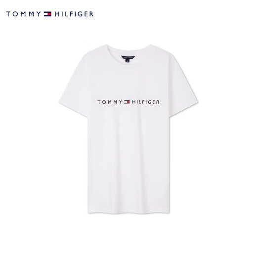 TOMMY HILFIGER夏季女装纯棉休闲通勤刺绣轻薄打底纯色圆领短袖T恤76J4880 白色YCI XS （推荐：80-100斤）