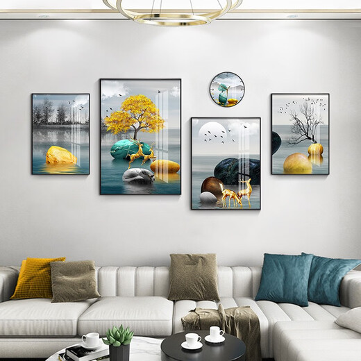 
Mohu (mohu) living room decoration painting sofa background wall mural modern simple landscape landscape painting TV wall high-end new style hanging painting Fulu Xiangsui 15941 (including wall clock) tempered crystal porcelain large combination - black frame