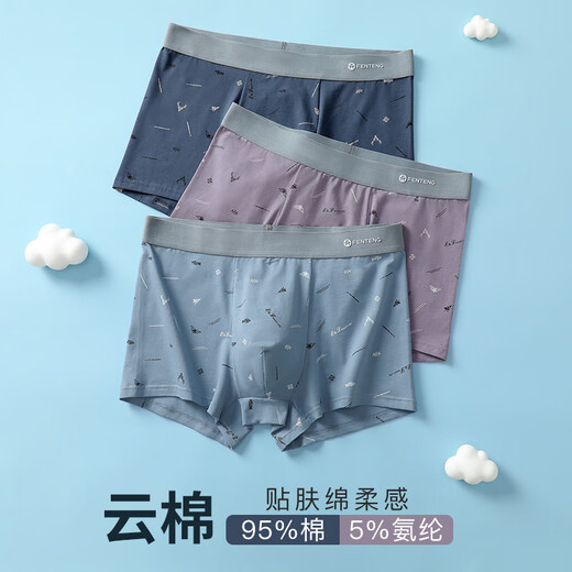 Sous-vêtements Fenten Men pour hommes 7A Antibactériens à 3 paires Pur Coton Imprimé mince Boxer Mid-Waist