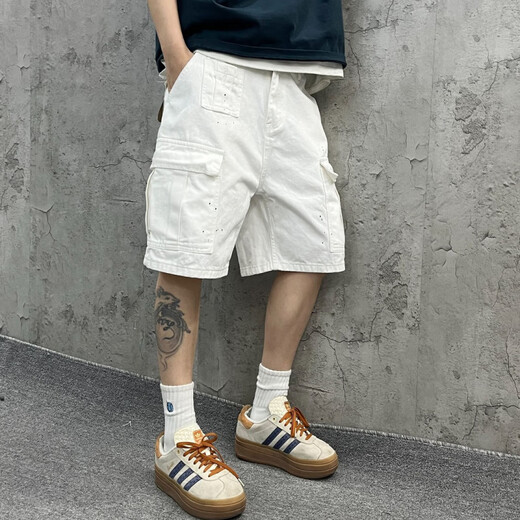 曦牧遥尹小鸡 重磅水洗宽松工装大口袋白色竹节牛仔短裤五分裤男女1049 白色 M 【90-110】