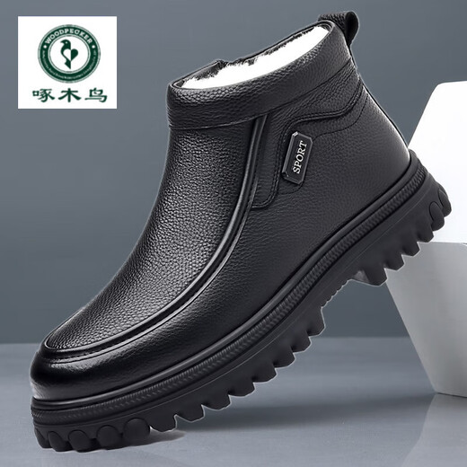 Woodpecker head-layer cowhide wool-lined high-top large cotton shoes formal leather shoes for men plus velvet casual warm middle-aged and elderly dad shoes black lace 41 (standard leather shoe size)