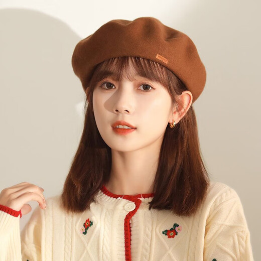 LeCali Beret Women's Autumn and Winter Retro Imitation Wool Solid Color Hat Face Revealing Little Versatile Painter Hat Japanese Pumpkin Hat Brown