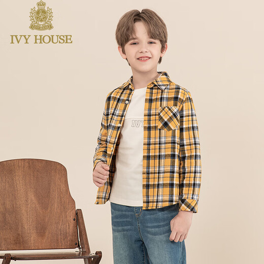 IVY HOUSE Ivy children's clothing boys' long-sleeved shirt big children's autumn new plaid shirt casual sports versatile college style yellow plaid 130cm