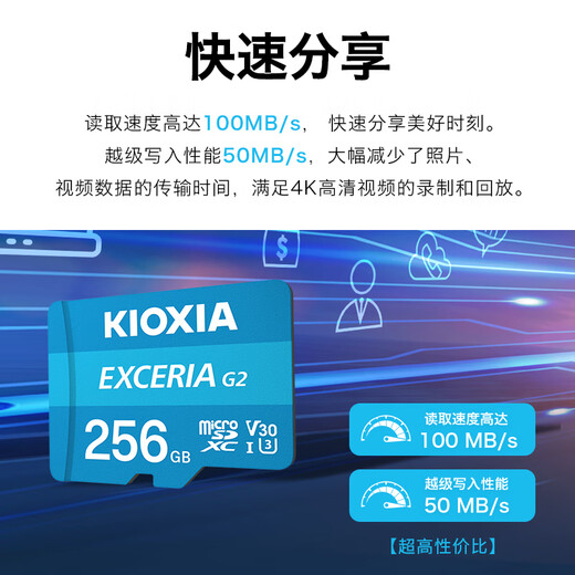 铠侠（Kioxia）256GB TF(microSD)存储卡 G2 系列 U3 A1 V30 行车记录仪&安防监控手机专用内存卡
