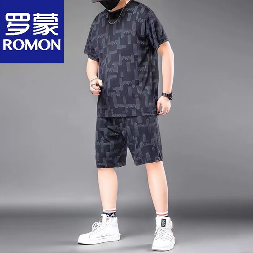 罗蒙120-280斤冰丝时尚休闲T恤套装男夏季薄款运动服弹力宽松两件套 826黑色【冰丝套装】 XL 建议120-140斤