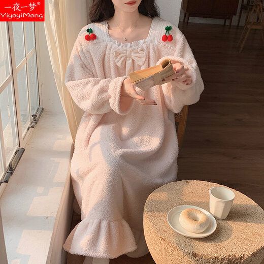 一夜一梦 珊瑚绒睡裙女长袖冬天加厚加绒甜美公主风秋冬款保暖法兰绒睡衣 691-2（绿色） M