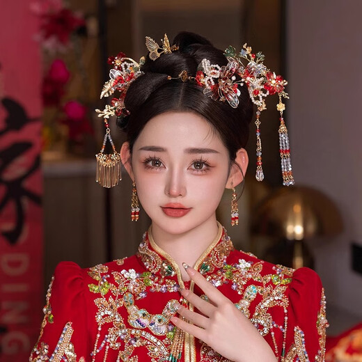 Ancient bridal headdress Chinese Xiuhe dress headdress phoenix crown ancient costume Hanfu hair accessories wedding dress accessories wedding bridal headdress five-piece set