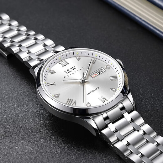 I/W CARNIVAL HWGUOJI Swiss Famous Watch Top Ten Brands Men's Full Automatic Mechanical Watch Imported Movement Double Calendar Luminous Waterproof Watch Aiwochi Silver Steel Band White Floor + Same Model + Exquisite Gift Box [679]