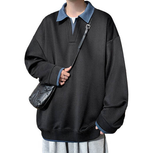 Four fake two-piece Henry collar sweatshirt for men, spring and autumn high-end shirt-style jacket, loose and handsome polo collar pullover top, black M, one size fits all