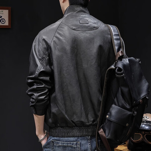 Lexin trendy high-end stand-collar motorcycle leather jacket for men in autumn and winter new men's velvet large size American retro trendy brand tops brown velvet thickened 3XL 180-200Jin Jin is equal to 0.5 kg