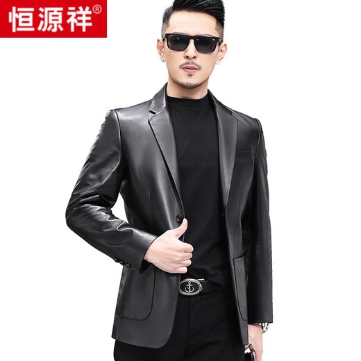 Hengyuanxiang leather suit men's Haining leather leather jacket sheepskin spring and autumn new middle-aged men's casual leather suit jacket black 175/50/XL suitable for 126Jin [Jin equals 0.5 kg]-140Jin [Jin equals 0.5 kg]