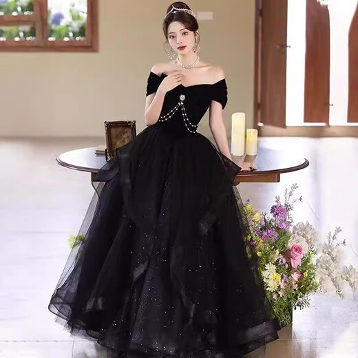 AIFANGNIAO high-end French dress women's banquet evening dress one-shoulder host light luxury niche adult ceremony student art test skirt black L