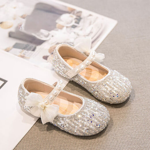 G.duck Girls Princess Shoes Spring Crystal Shoes Girls Shoes 2024 New Spring and Summer Soft Soled Single Shoes Girls Small Leather Shoes Beige Size 16.5 Inner Length 6.1