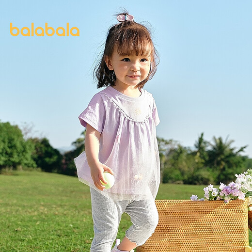 Balabala baby short-sleeved t-shirt baby girls top 2025 new summer dress sweet mesh stitching fashionable red tone 00366 100
