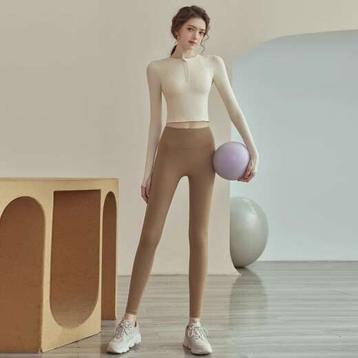 Youyou Yoga Wear Women's Suit Autumn and Winter New Pilates Training Top Slimming Fitness Sports Tight Long Sleeve Apricot Long Sleeve + Gray Purple Yoga Pants S