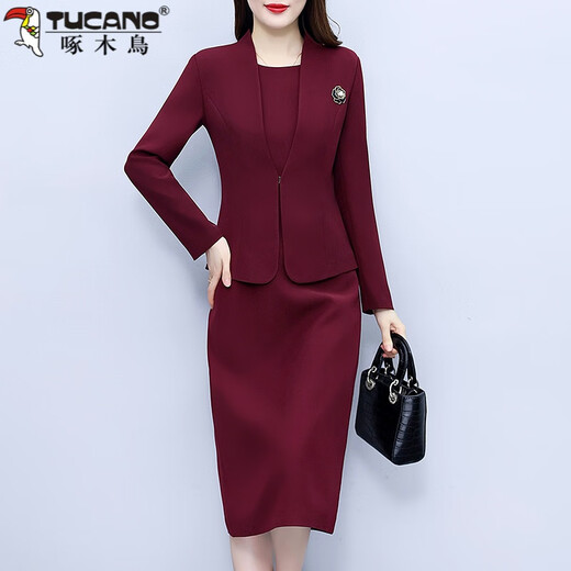 Woodpecker (TUCANO) high-end long-sleeved dress fashion set Qiuxi Mom M mother-in-law two-piece skirt wine red minimal color difference 2XL 122-132Jin Jin equals 0.5 kg