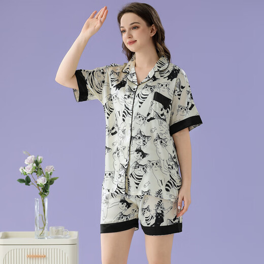 冰丝睡衣女夏季新款可爱猫咪夏天短袖短裤丝滑凉感家居服套装 套WLW9226 L【建议100-115斤】