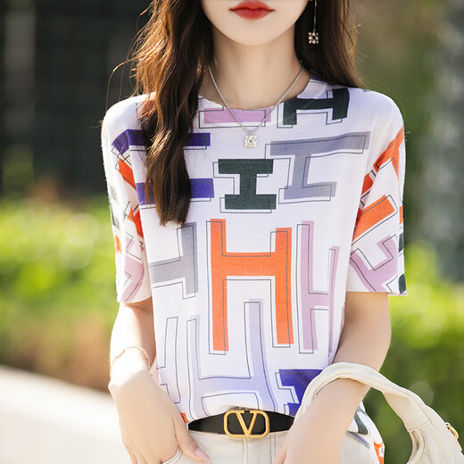 HMRSV桑蚕丝短袖T恤女2025夏季新款休闲时尚设计感凉感马家印花上衣潮 H字母印花854 L