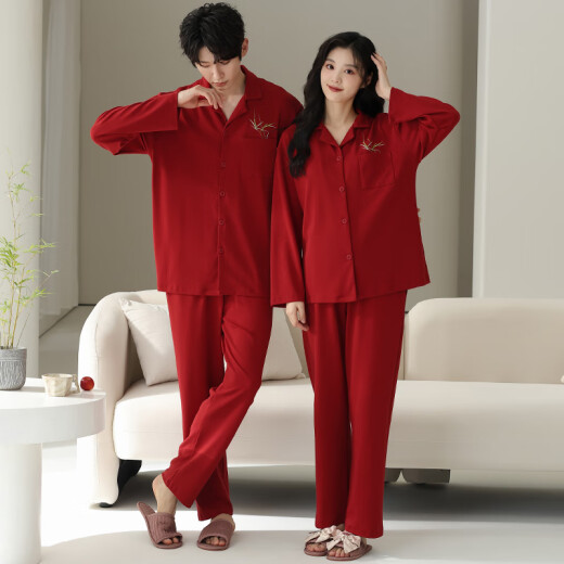 莫代尔新款结婚睡衣女新婚情侣纯棉新人套装红色喜庆长袖家居服可外穿 男757女857 M 女+男XL(礼盒包装）