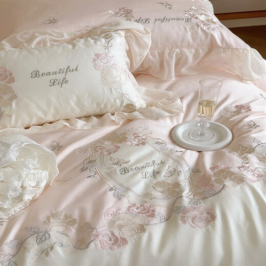 Mercury series light luxury French cotton four-season new 200-count cotton bed four-piece set princess style embroidered flower bedding quilt cover Miu-cotton-romanticism-pink Category A maternal and infant grade bed sheet 1.8 meters suitable for quilt core 200*230