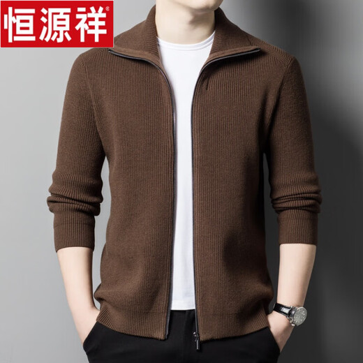 Hengyuanxiang Erdo pure wool cardigan men's autumn and winter middle-aged thickened lapel fashion sweater sweater zipper jacket tea green 175