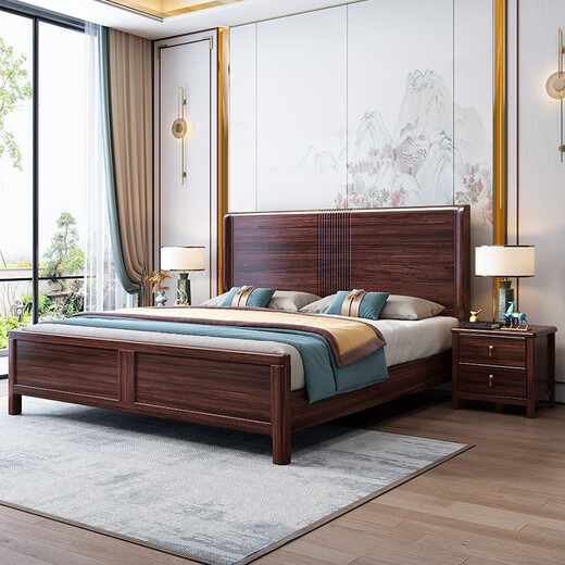 
Pinzu New Chinese style black gold solid wood bed modern simple double master bedroom storage bed YF-9921 1.8-meter frame bed