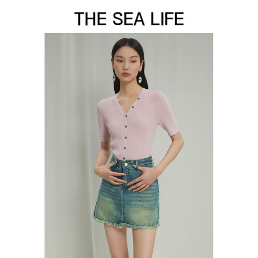 THE SEA LIFE Ou Hai Yisheng Knitted Sweater 24 Spring and Summer Slim Short Sleeve Cool Temperament Knitted Sweater X15868 Glimmer Green S