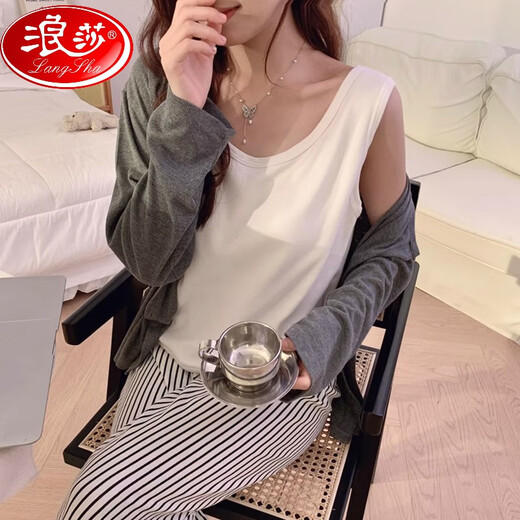 浪莎（LangSha）带胸垫睡衣女春秋款冬季长袖条纹2024新款慵懒风背心纯棉三件套装 728三件套带胸垫不可拆卸】 L 建议体重100-120斤】