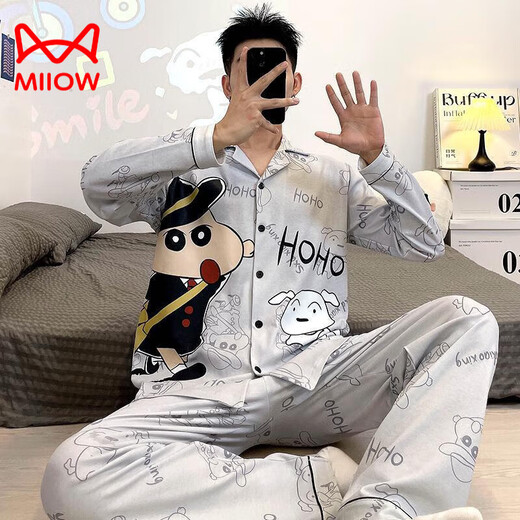 Cat Man (Miiow) Pajamás de algodón puro Spring y Autumn Adolescente Cartoon Estudiante Cardigan Gran tamaño Manga de manga larga Manga Home Clothing 9902 (Cárdigan de manga larga) M