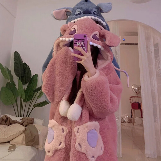 Yi Shuhan Pajamas Couple Outfits One Male and One Female Stitch Cartoon Internet Celebrity Winter Coral Velvet Long Pajamas Home Clothes Set Blue Stitch Pajamas + Pants M 100-130Jin Jin equals 0.5 kg