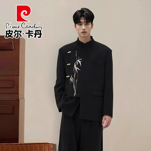 Pierre Cardin New Chinese Style Light Luxurious Bamboo Embroidered Suit Suit Men's Handsome Groom Wedding Engagement Dress Suit Knitted Black Two-piece Set Top + Pants M