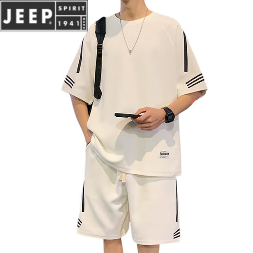 JEEP SPIRIT休闲运动套装男夏季新款宽松冰丝短袖t恤男士短裤搭配帅气一整套 FKS653白色套装 M 约90-110斤可穿