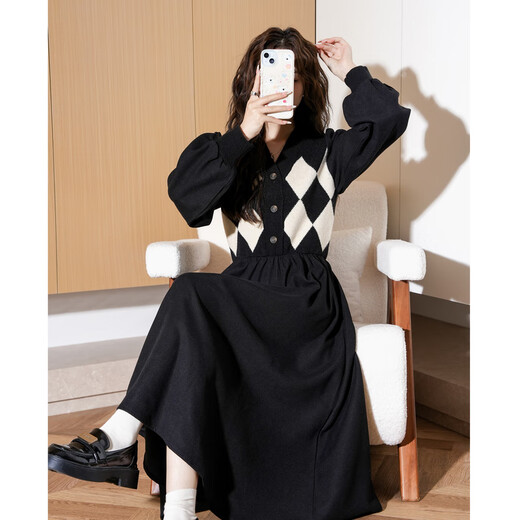 TonLion 2024 black v-neck splicing plaid dress for women retro knitted plaid skirt temperament long skirt black M